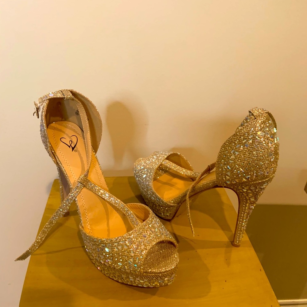 Gold Rhinestone Peep Toe Pumps